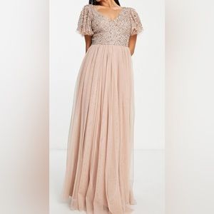 Embellished bodice maxi dress with flutter sleeves in taup